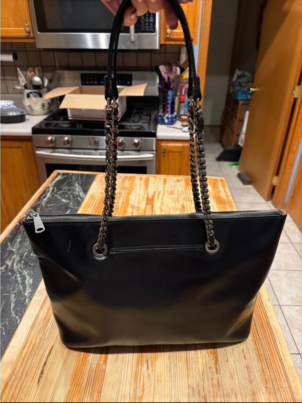 Patricia Nash Black Leather Tote with Chain-Link Straps